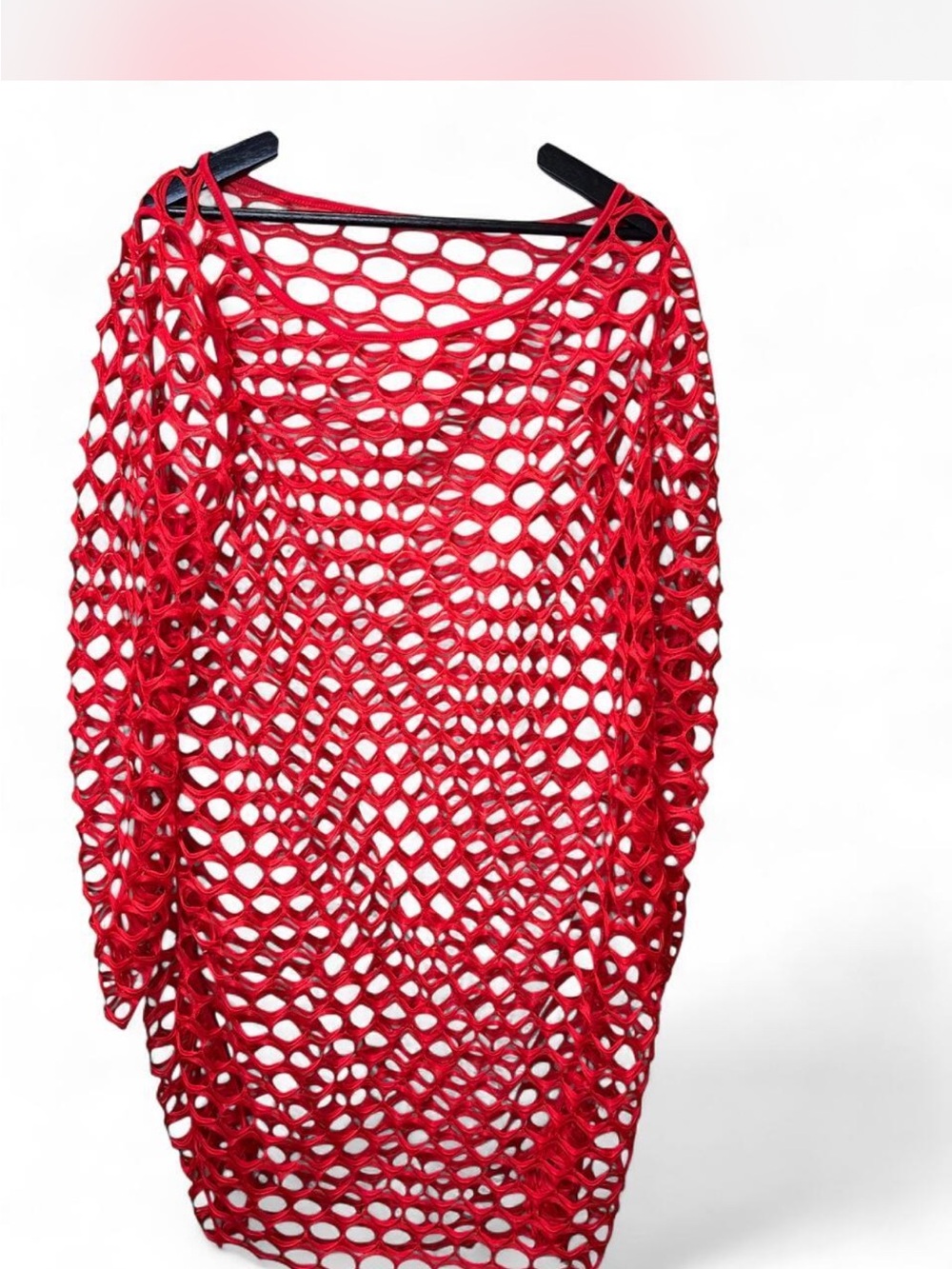 Red fishnet crochet dress.